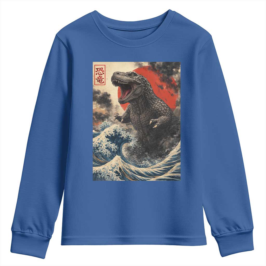 Japanese Dinosaur Youth Sweatshirt Vintage Great Wave Monster Epic Giant Monster Ukiyo-e Style