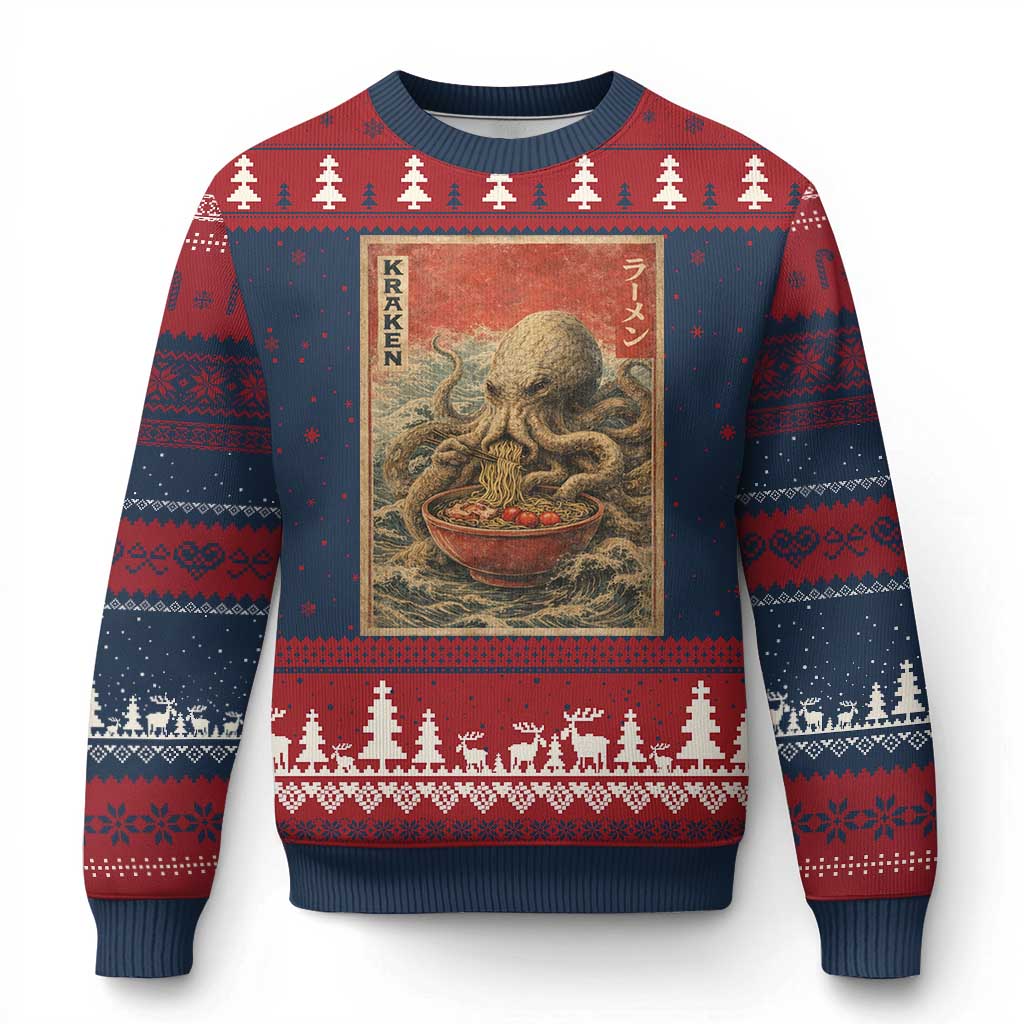 Sea Monster Eating Ramen Ugly Christmas Sweater Vintage Graphic Japanese Lover Ukiyo-e Art