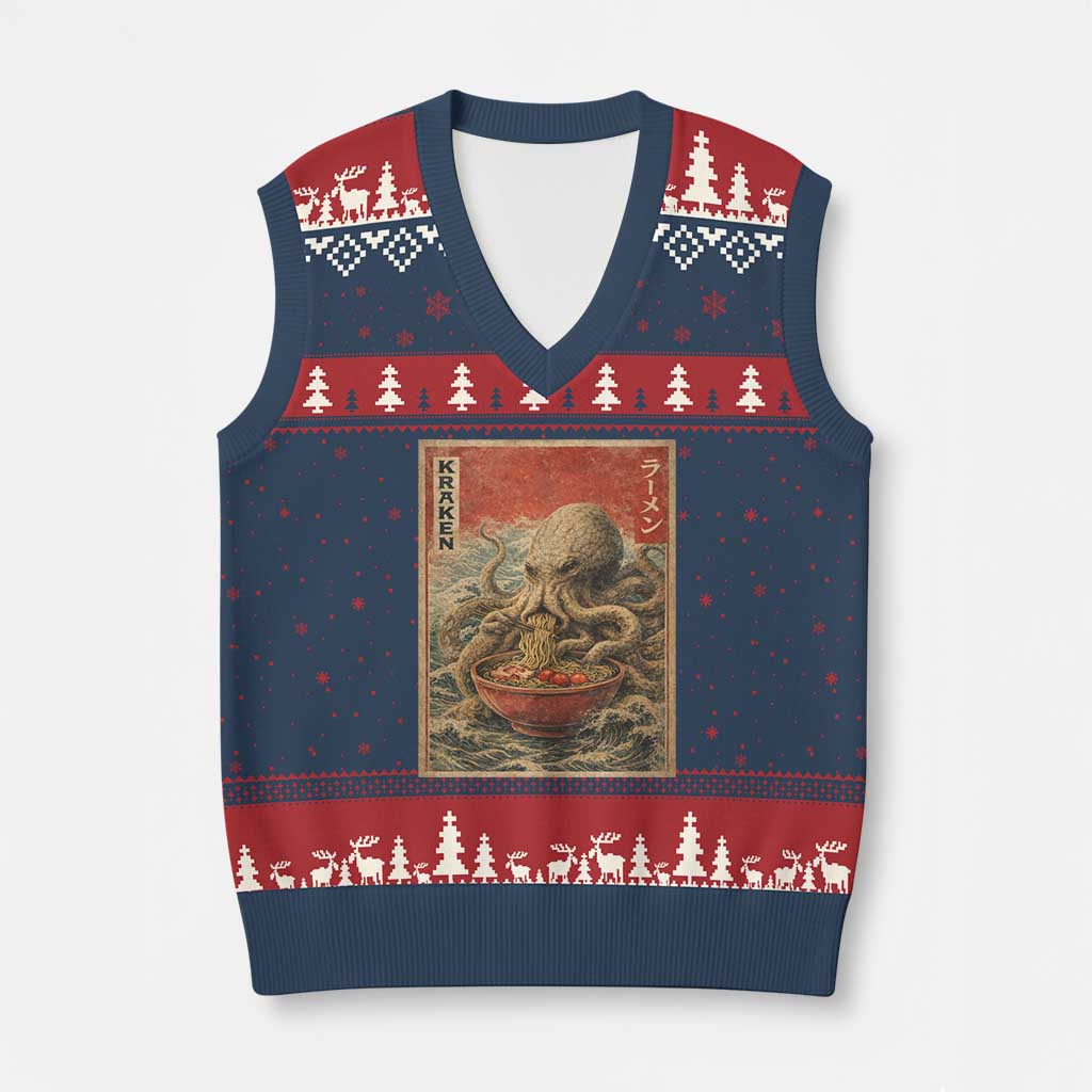 Sea Monster Eating Ramen V-Neck Knit Sweater Vest Vintage Graphic Japanese Lover Ukiyo-e Art