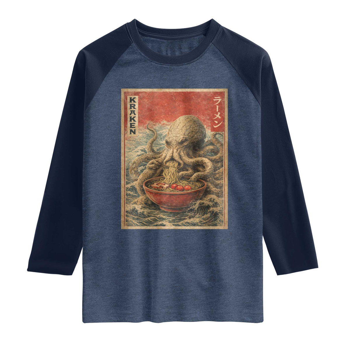Sea Monster Eating Ramen Raglan Shirt Vintage Graphic Japanese Lover Ukiyo-e Art