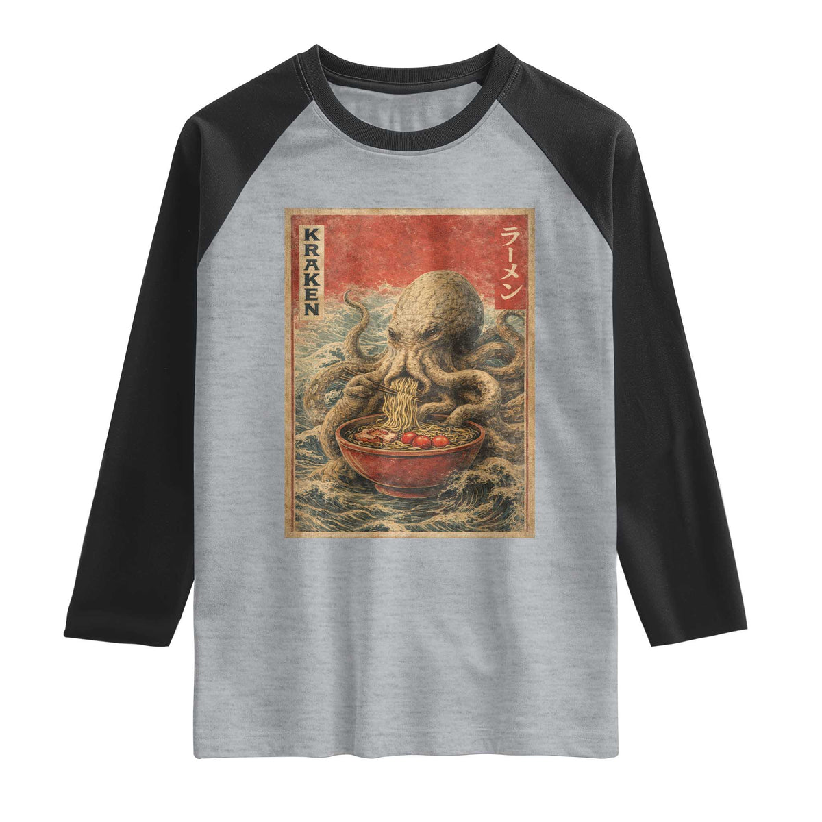 Sea Monster Eating Ramen Raglan Shirt Vintage Graphic Japanese Lover Ukiyo-e Art
