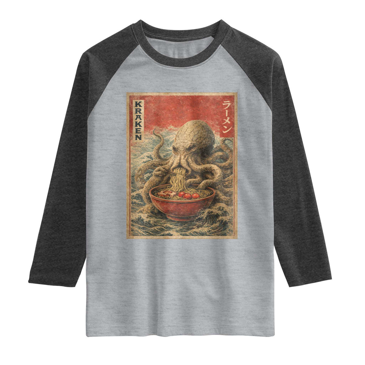 Sea Monster Eating Ramen Raglan Shirt Vintage Graphic Japanese Lover Ukiyo-e Art