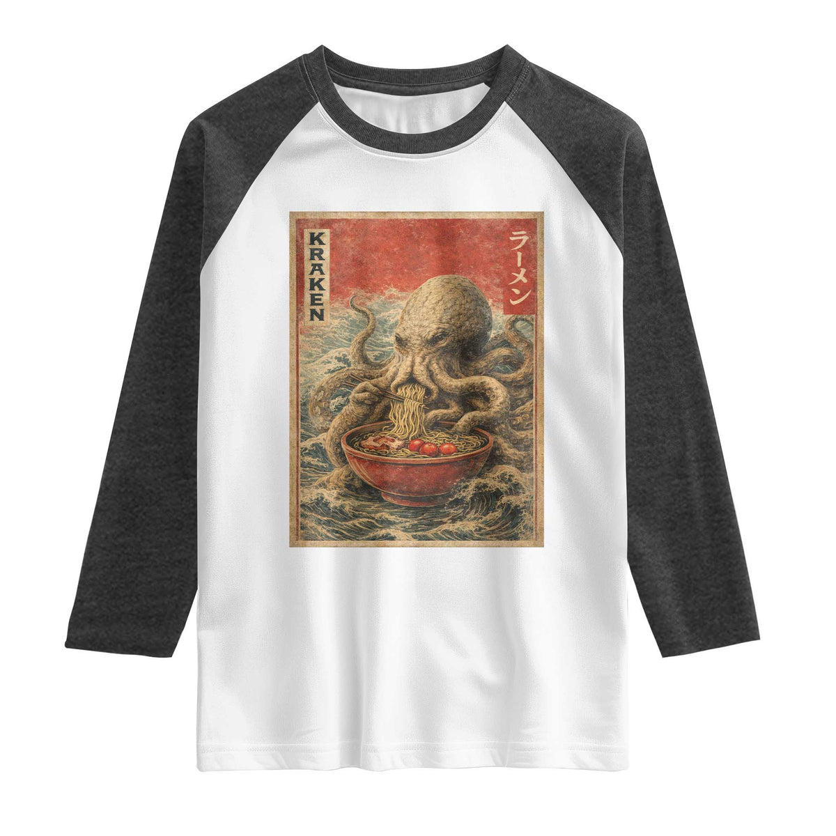 Sea Monster Eating Ramen Raglan Shirt Vintage Graphic Japanese Lover Ukiyo-e Art