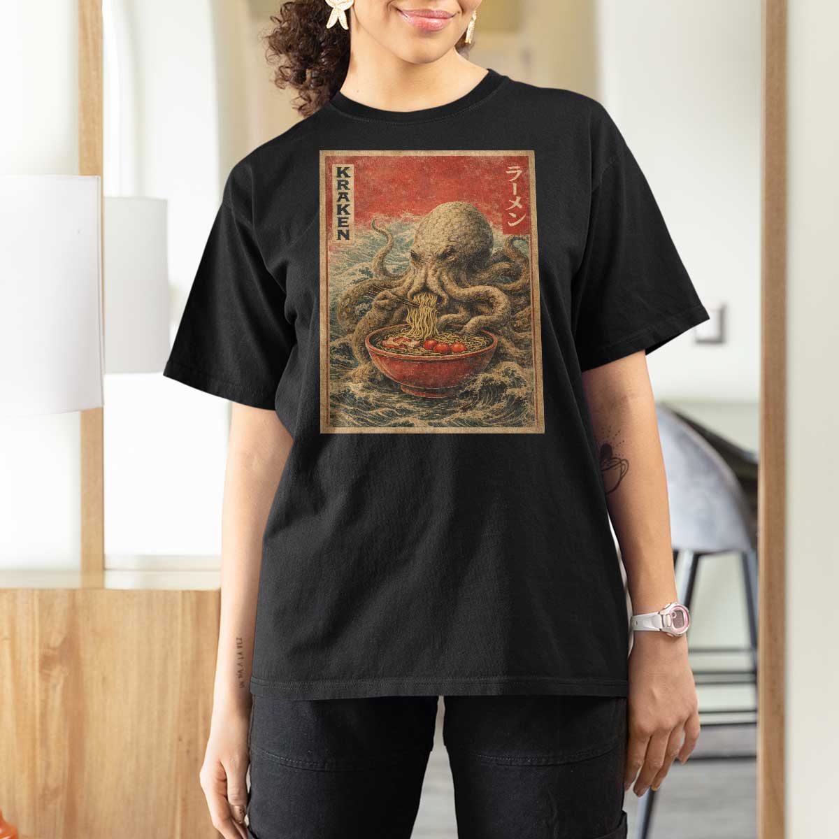 Sea Monster Eating Ramen T Shirt For Women Vintage Graphic Japanese Lover Ukiyo-e Art