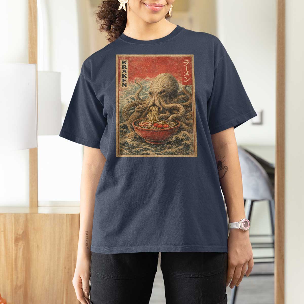 Sea Monster Eating Ramen T Shirt For Women Vintage Graphic Japanese Lover Ukiyo-e Art