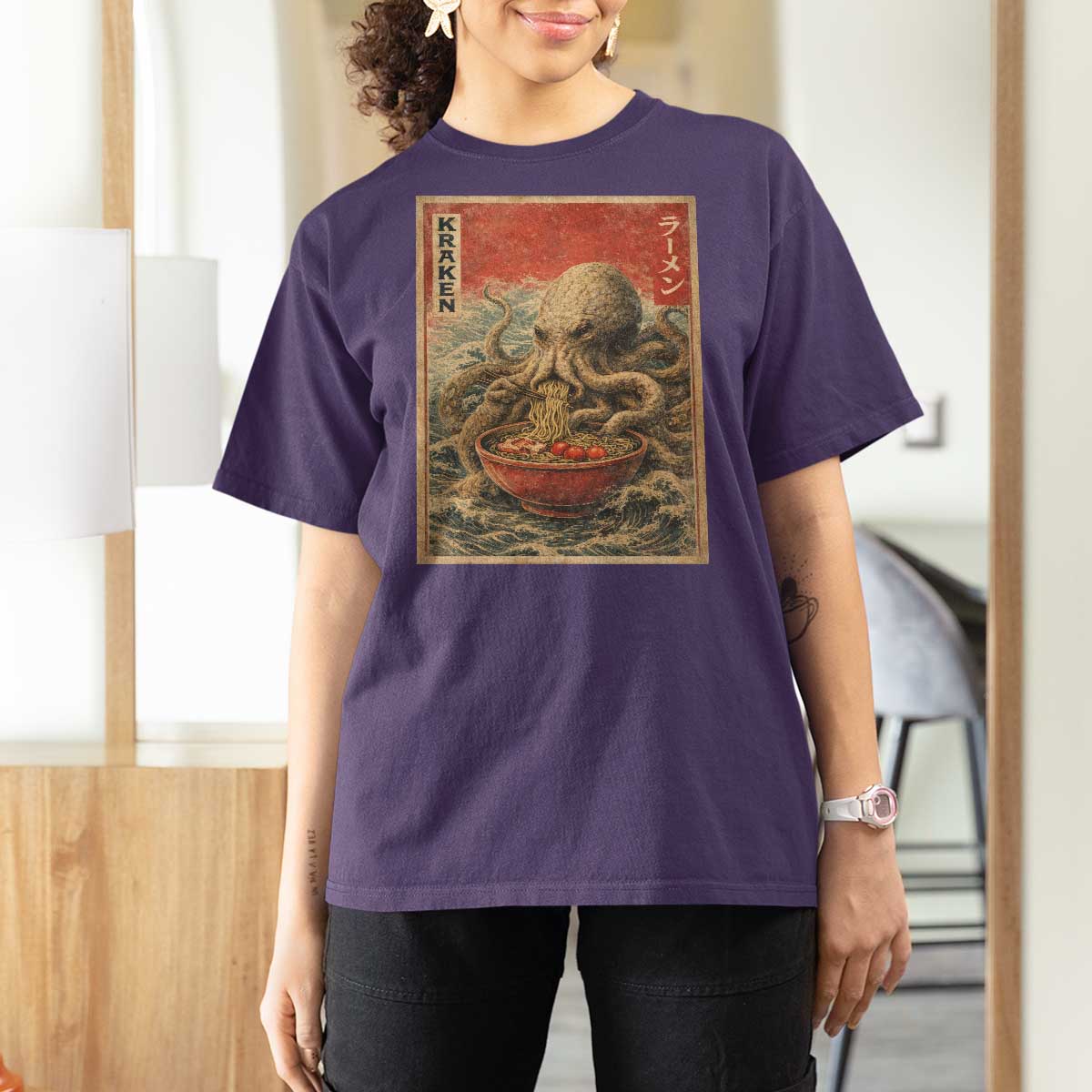 Sea Monster Eating Ramen T Shirt For Women Vintage Graphic Japanese Lover Ukiyo-e Art