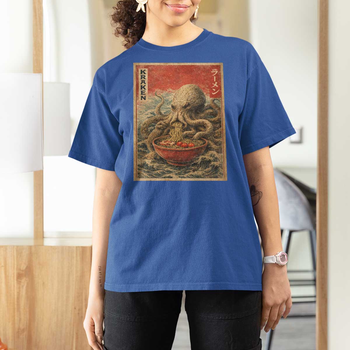 Sea Monster Eating Ramen T Shirt For Women Vintage Graphic Japanese Lover Ukiyo-e Art