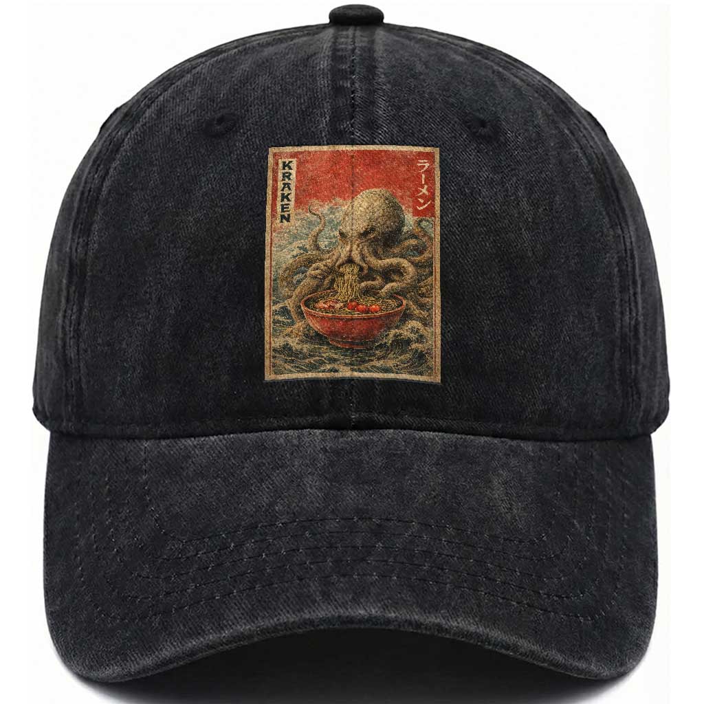 Sea Monster Eating Ramen Washed Cotton Baseball Cap Vintage Graphic Japanese Lover Ukiyo-e Art