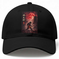 Samurai Bigfoot Baseball Cap Vintage Japanese Graphic Ukiyo-e Art Sasquatch Red Moon