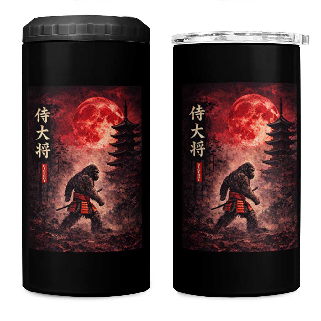 Samurai Bigfoot 4 in 1 Can Cooler Tumbler Vintage Japanese Graphic Ukiyo-e Art Sasquatch Red Moon