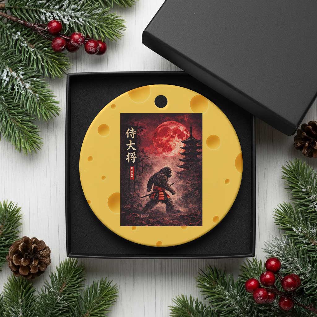 Samurai Bigfoot Ceramic Ornament Vintage Japanese Graphic Ukiyo-e Art Sasquatch Red Moon
