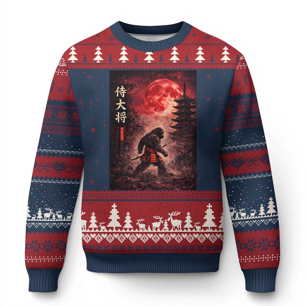 Samurai Bigfoot Ugly Christmas Sweater Vintage Japanese Graphic Ukiyo-e Art Sasquatch Red Moon
