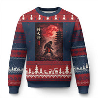 Samurai Bigfoot Ugly Christmas Sweater Vintage Japanese Graphic Ukiyo-e Art Sasquatch Red Moon