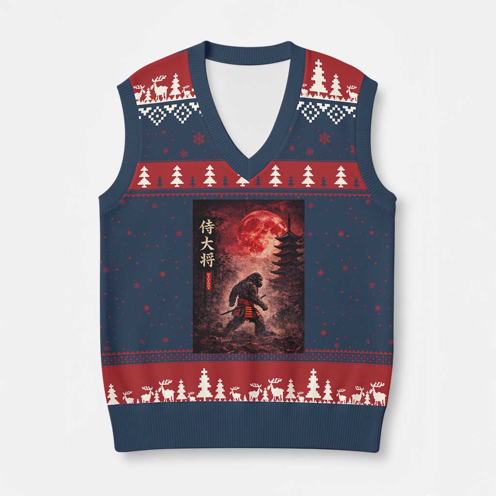 Samurai Bigfoot V-Neck Knit Sweater Vest Vintage Japanese Graphic Ukiyo-e Art Sasquatch Red Moon