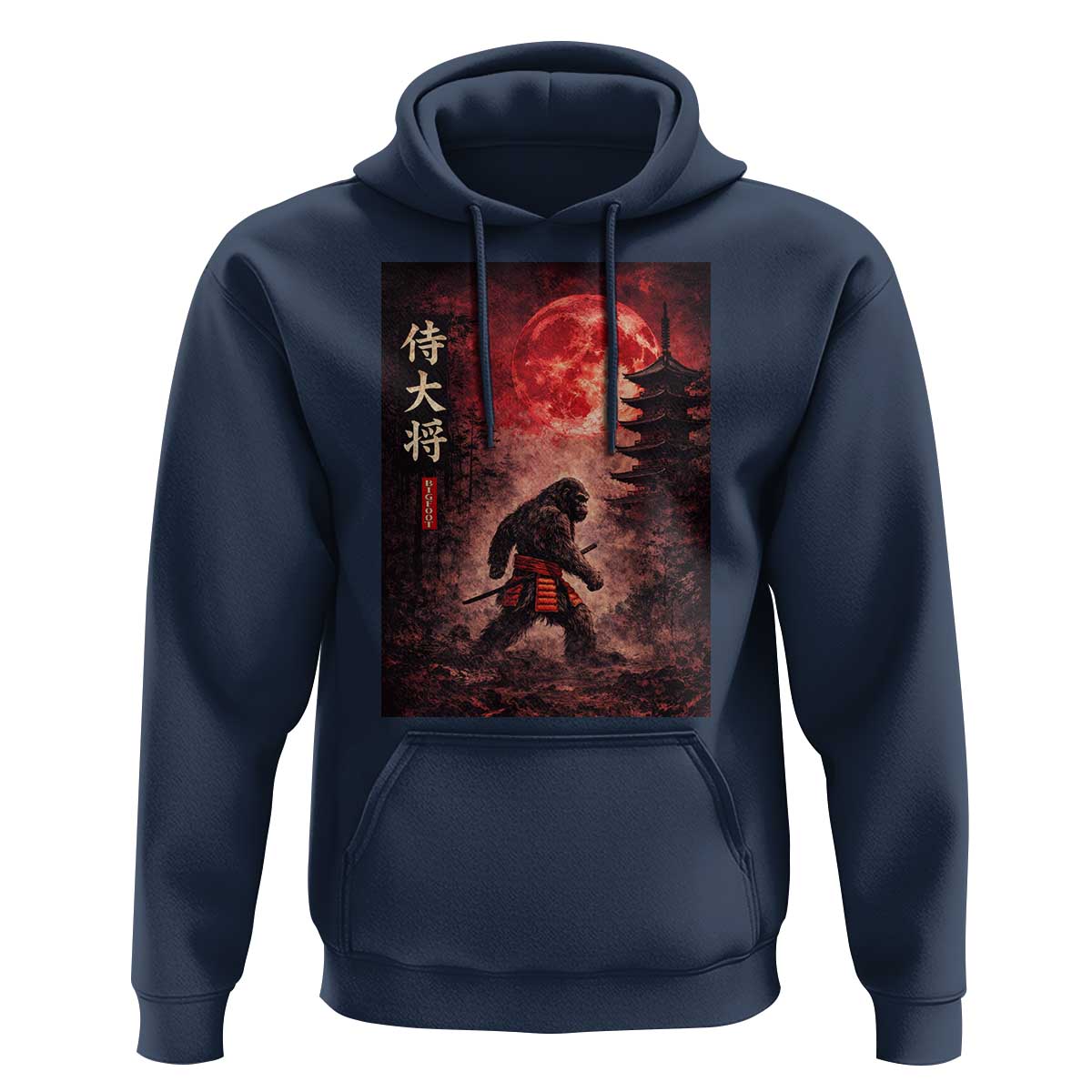 Samurai Bigfoot Hoodie Vintage Japanese Graphic Ukiyo-e Art Sasquatch Red Moon