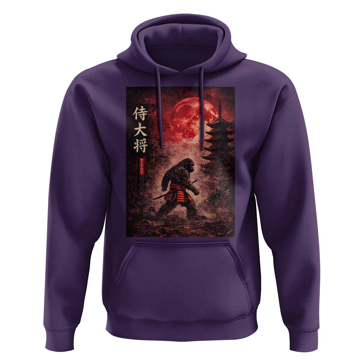 Samurai Bigfoot Hoodie Vintage Japanese Graphic Ukiyo-e Art Sasquatch Red Moon