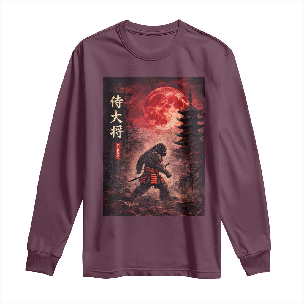 Samurai Bigfoot Long Sleeve Shirt Vintage Japanese Graphic Ukiyo-e Art Sasquatch Red Moon
