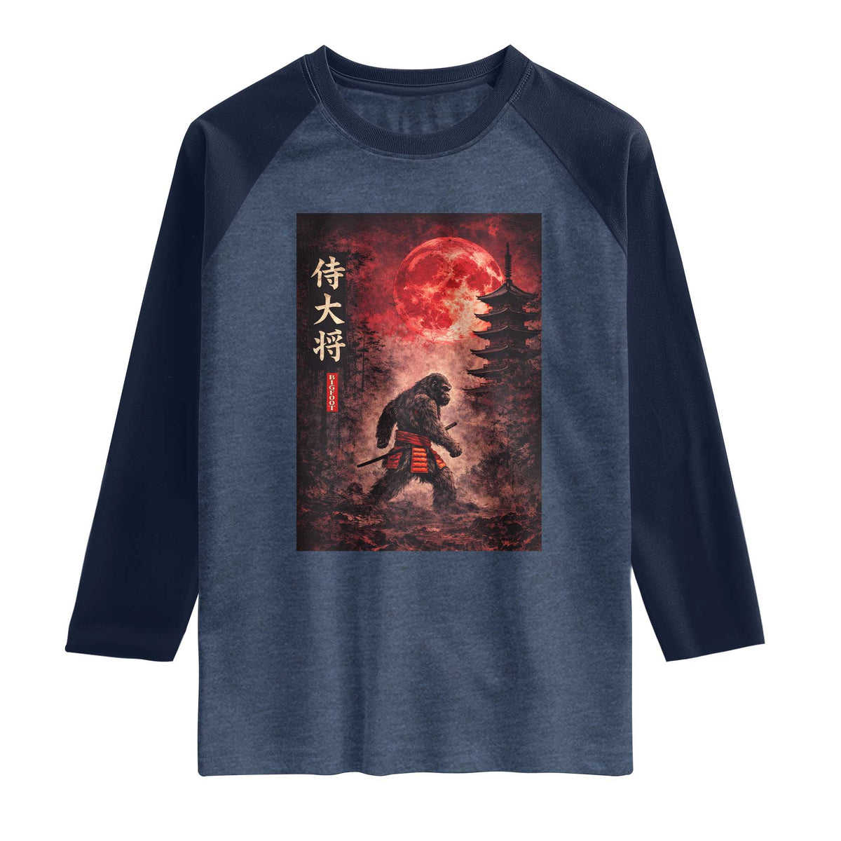 Samurai Bigfoot Raglan Shirt Vintage Japanese Graphic Ukiyo-e Art Sasquatch Red Moon