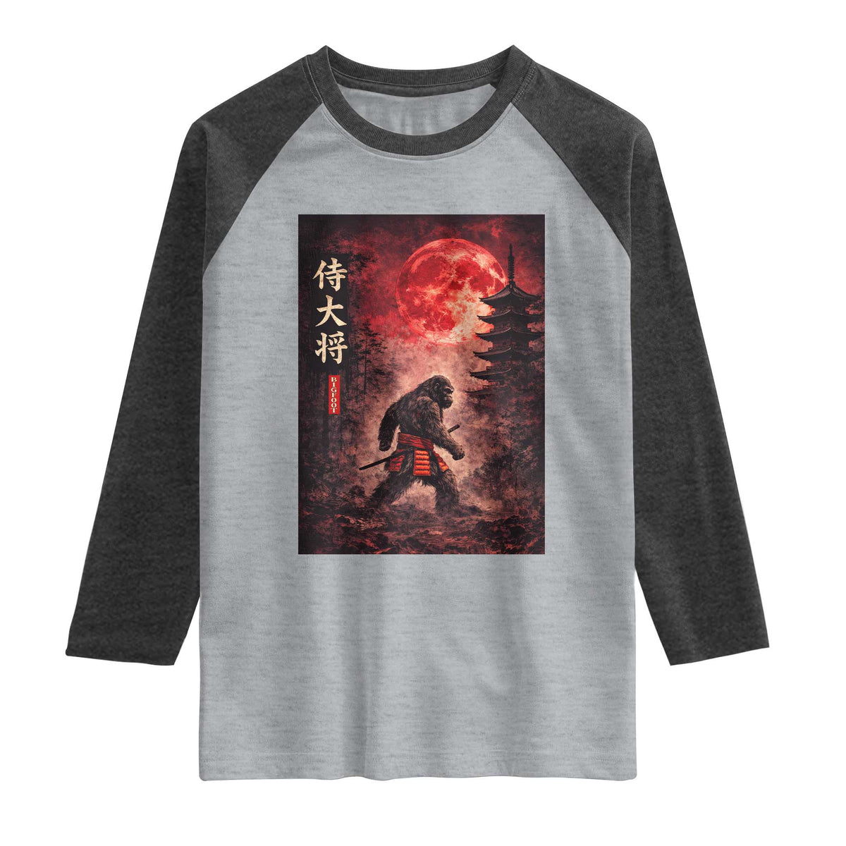 Samurai Bigfoot Raglan Shirt Vintage Japanese Graphic Ukiyo-e Art Sasquatch Red Moon