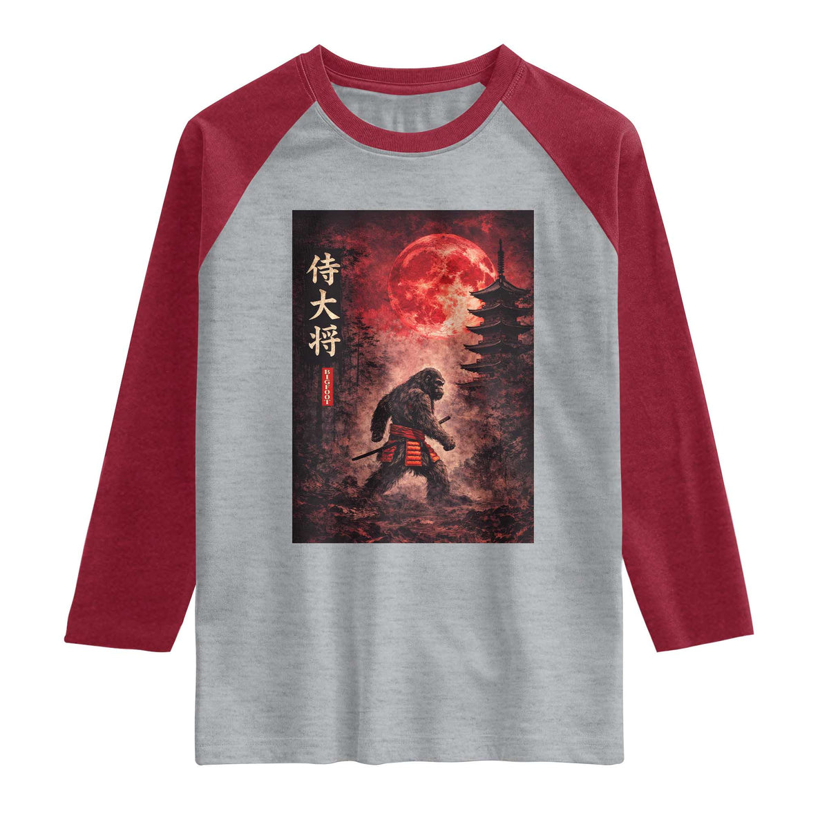 Samurai Bigfoot Raglan Shirt Vintage Japanese Graphic Ukiyo-e Art Sasquatch Red Moon