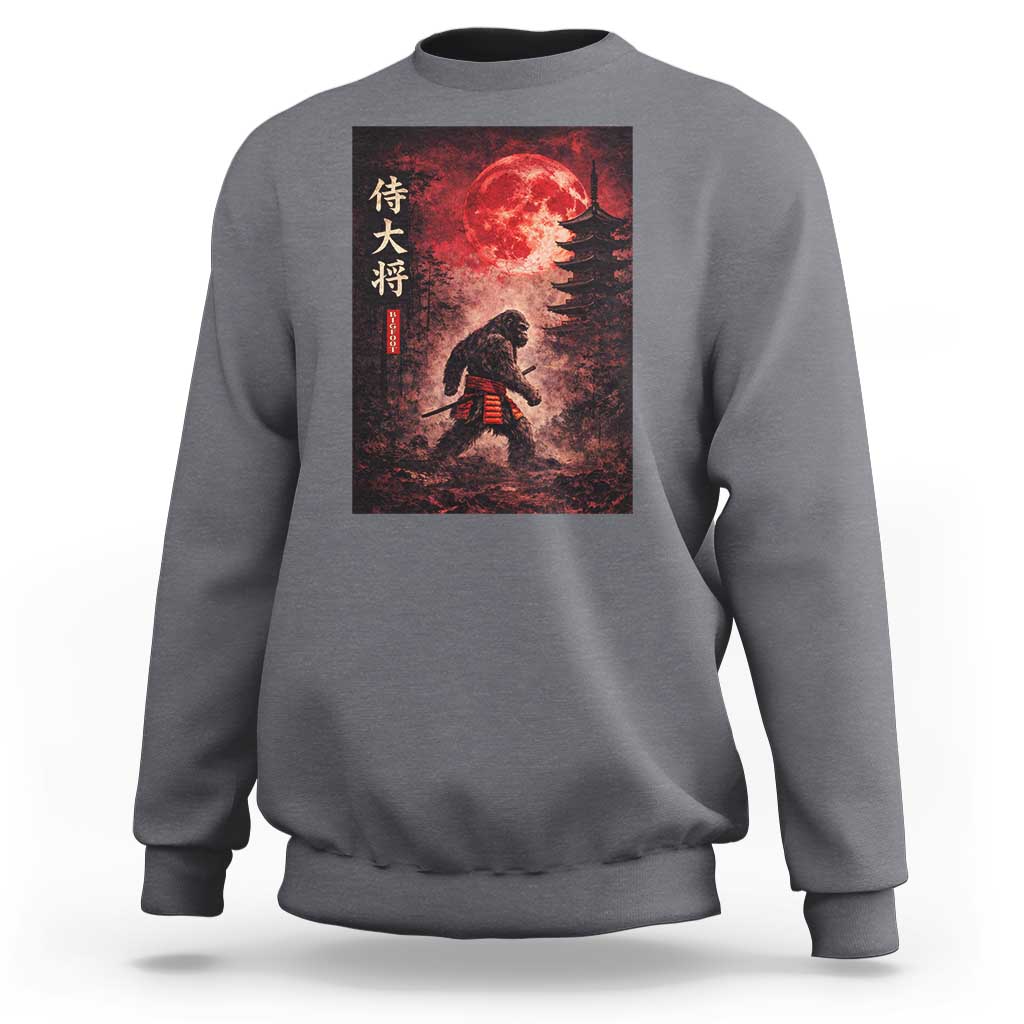 Samurai Bigfoot Sweatshirt Vintage Japanese Graphic Ukiyo-e Art Sasquatch Red Moon