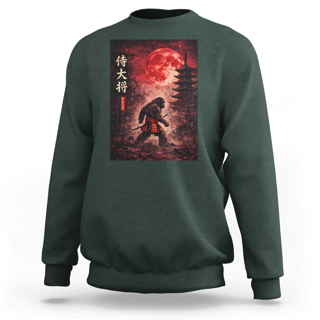 Samurai Bigfoot Sweatshirt Vintage Japanese Graphic Ukiyo-e Art Sasquatch Red Moon