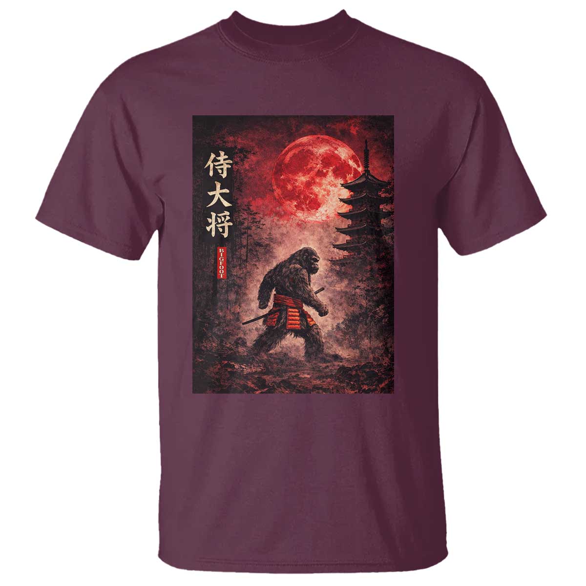 Samurai Bigfoot T Shirt Vintage Japanese Graphic Ukiyo-e Art Sasquatch Red Moon