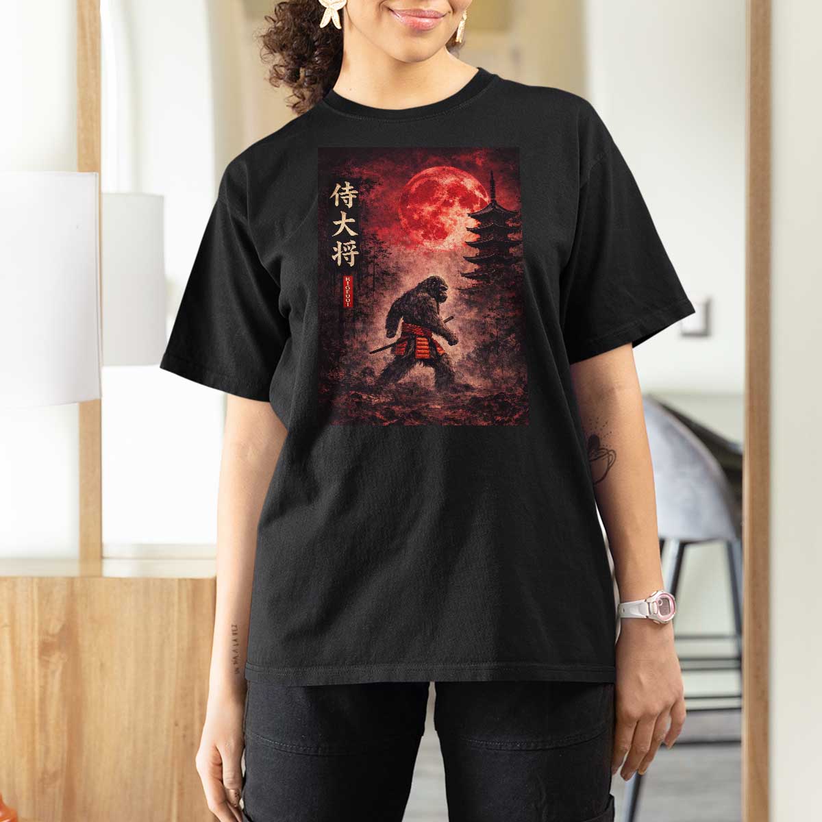 Samurai Bigfoot T Shirt For Women Vintage Japanese Graphic Ukiyo-e Art Sasquatch Red Moon