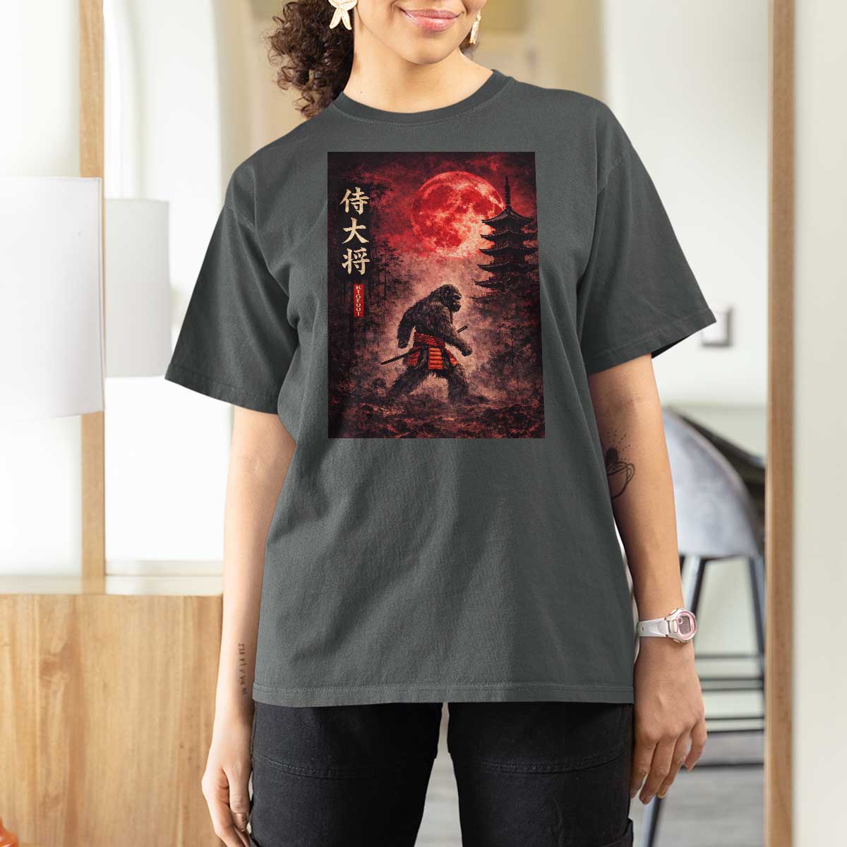 Samurai Bigfoot T Shirt For Women Vintage Japanese Graphic Ukiyo-e Art Sasquatch Red Moon
