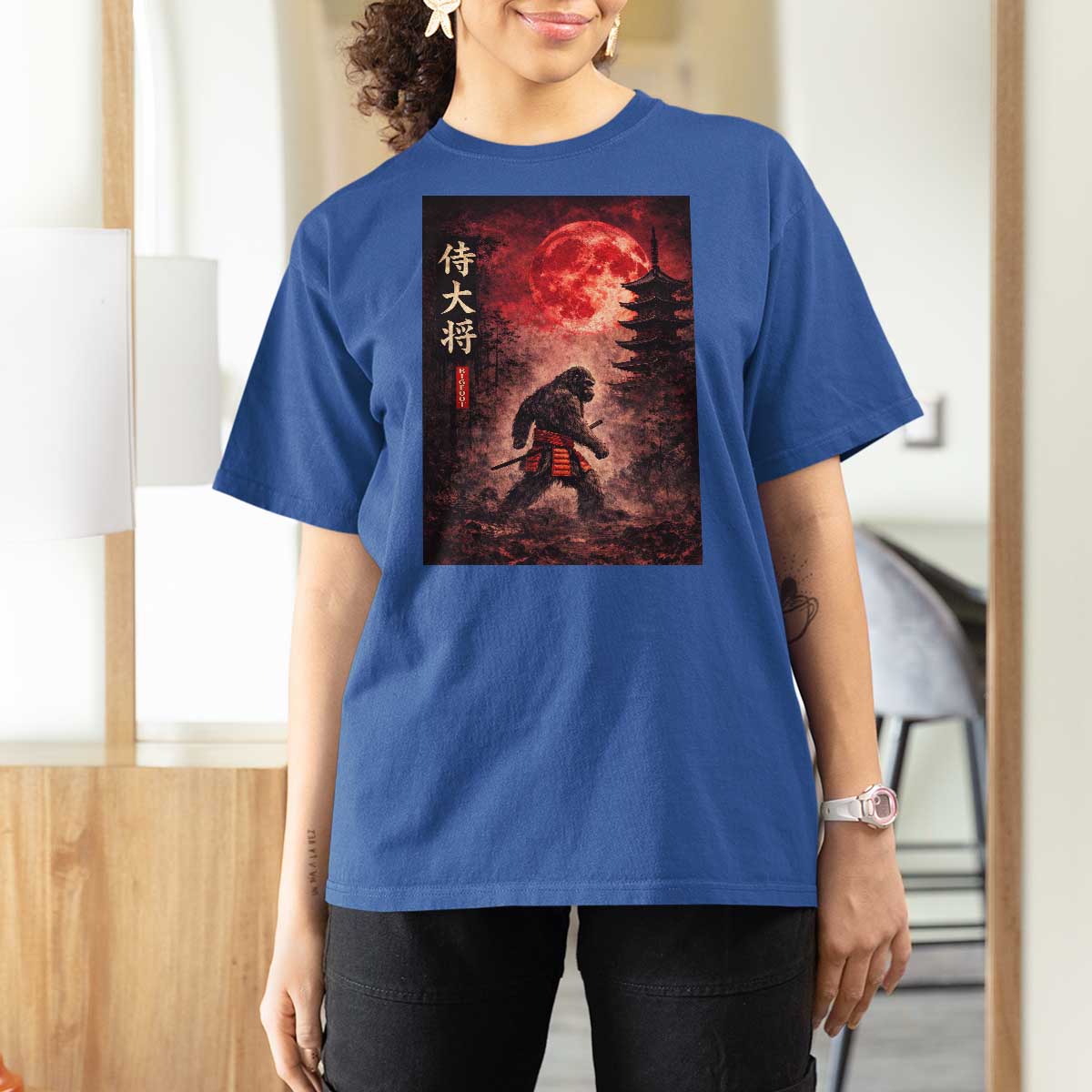 Samurai Bigfoot T Shirt For Women Vintage Japanese Graphic Ukiyo-e Art Sasquatch Red Moon