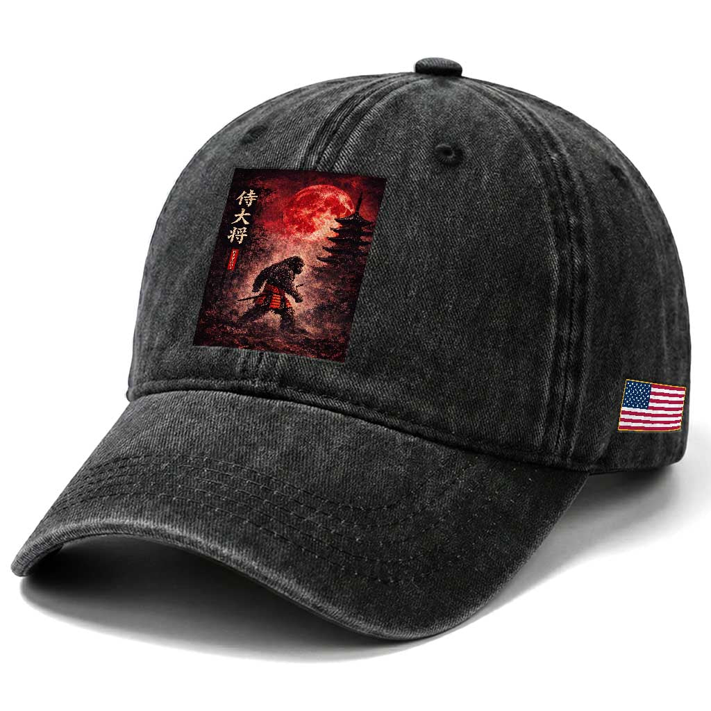 Samurai Bigfoot Washed Cotton Baseball Cap Vintage Japanese Graphic Ukiyo-e Art Sasquatch Red Moon