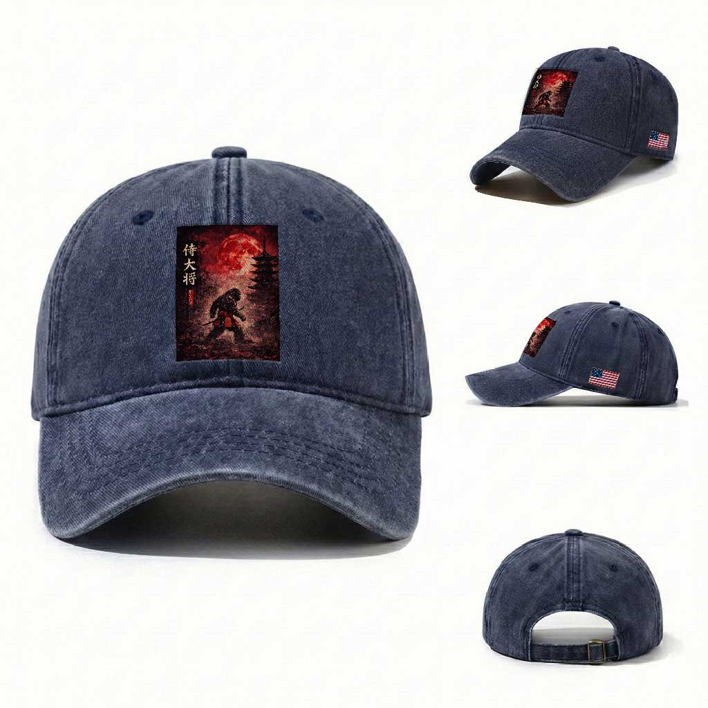 Samurai Bigfoot Washed Cotton Baseball Cap Vintage Japanese Graphic Ukiyo-e Art Sasquatch Red Moon