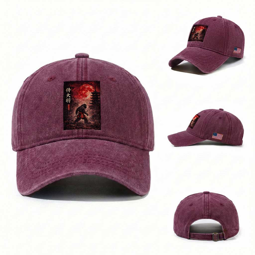 Samurai Bigfoot Washed Cotton Baseball Cap Vintage Japanese Graphic Ukiyo-e Art Sasquatch Red Moon