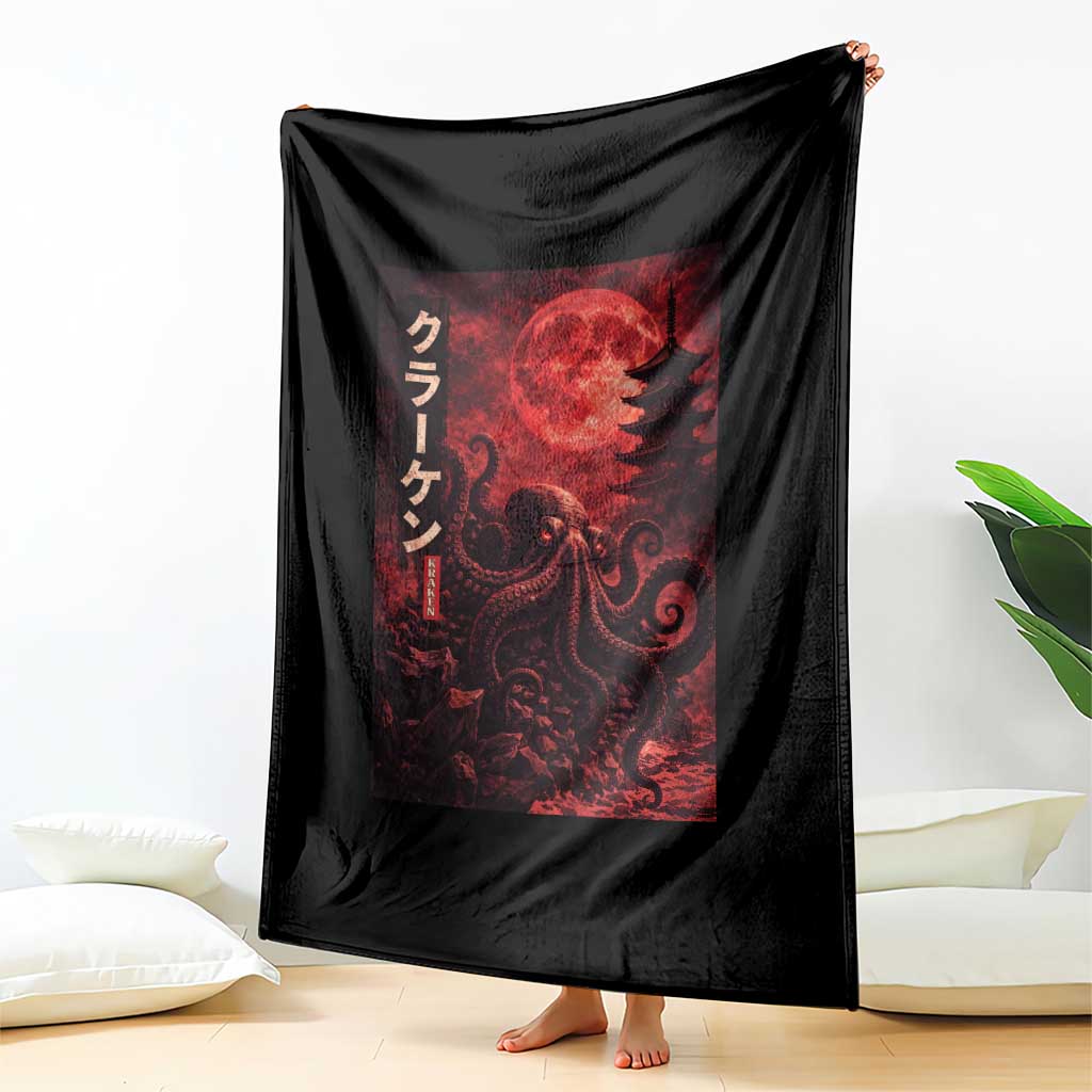 Vintage Sea Monster Throw Blanket Horror Japanese Octopus Mythology Temple Red Moon