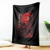 Vintage Sea Monster Throw Blanket Horror Japanese Octopus Mythology Temple Red Moon