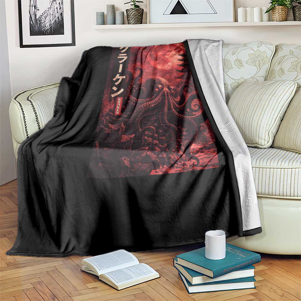 Vintage Sea Monster Throw Blanket Horror Japanese Octopus Mythology Temple Red Moon