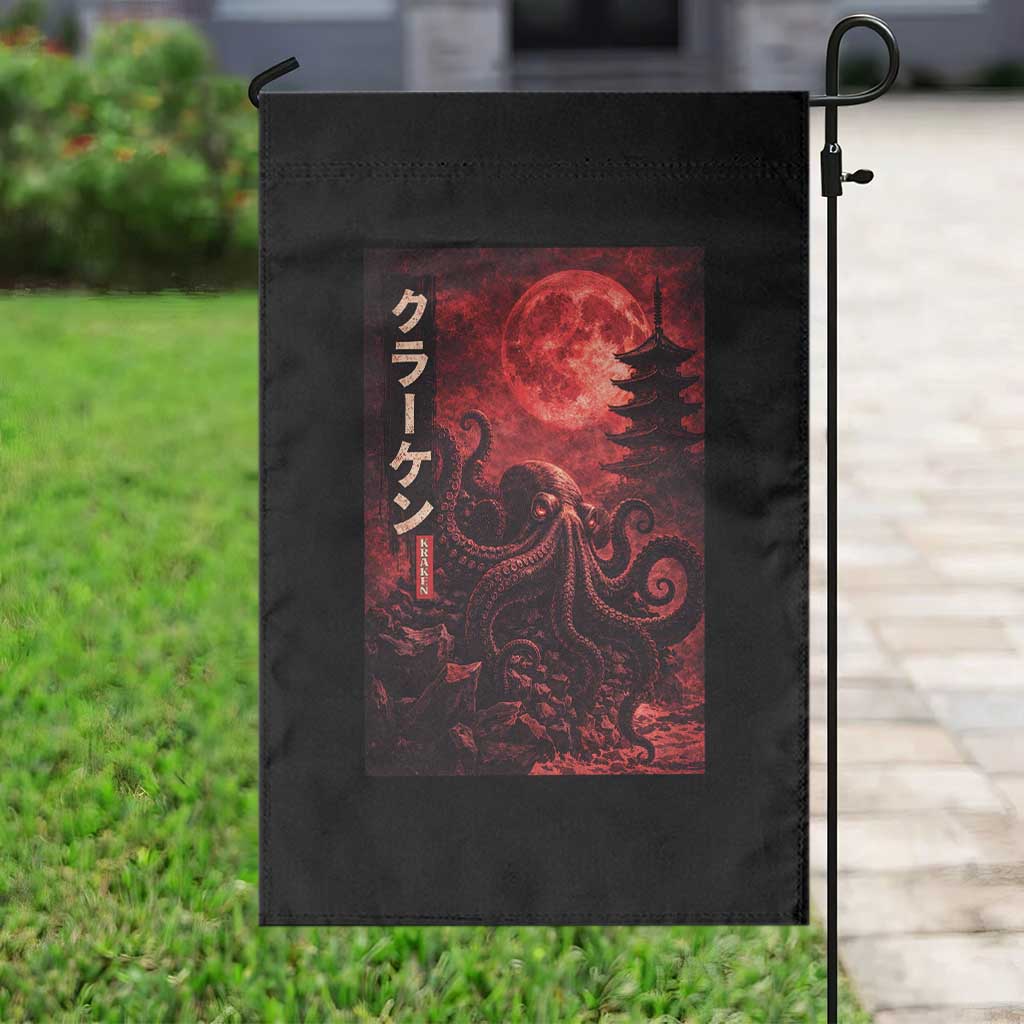 Vintage Sea Monster Garden Flag Horror Japanese Octopus Mythology Temple Red Moon