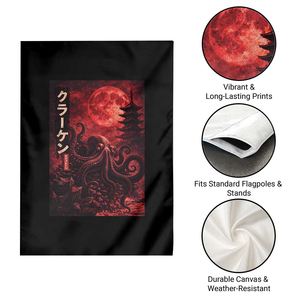 Vintage Sea Monster Garden Flag Horror Japanese Octopus Mythology Temple Red Moon