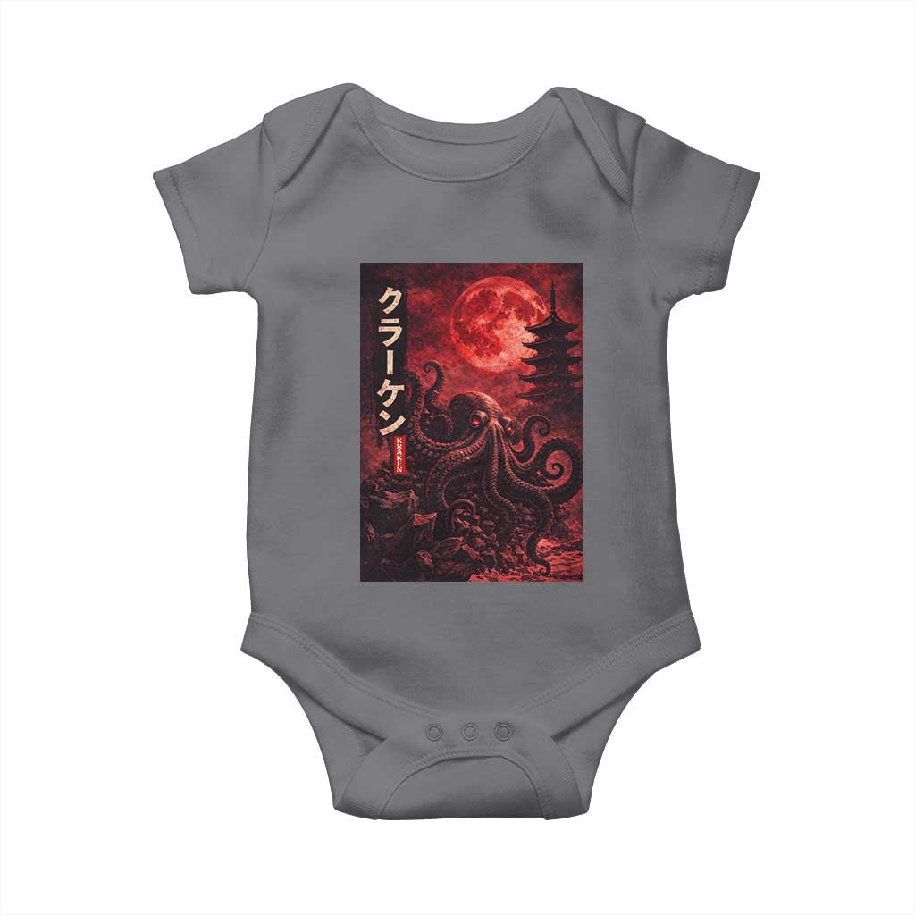 Vintage Sea Monster Baby Onesie Horror Japanese Octopus Mythology Temple Red Moon