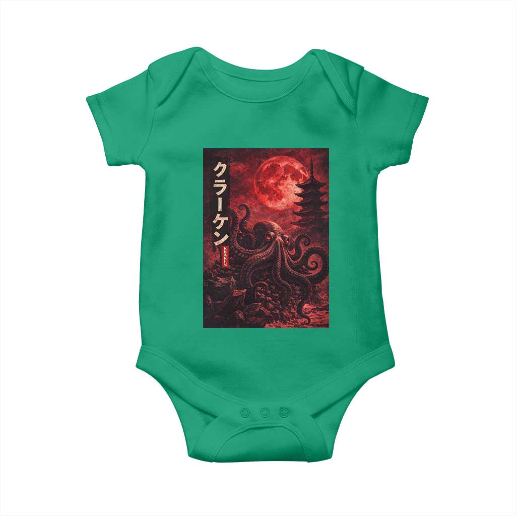 Vintage Sea Monster Baby Onesie Horror Japanese Octopus Mythology Temple Red Moon