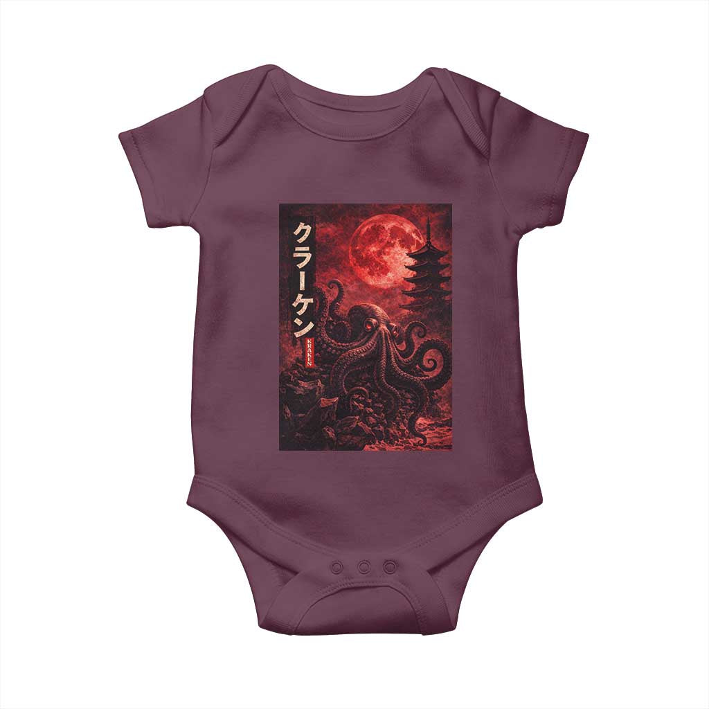 Vintage Sea Monster Baby Onesie Horror Japanese Octopus Mythology Temple Red Moon