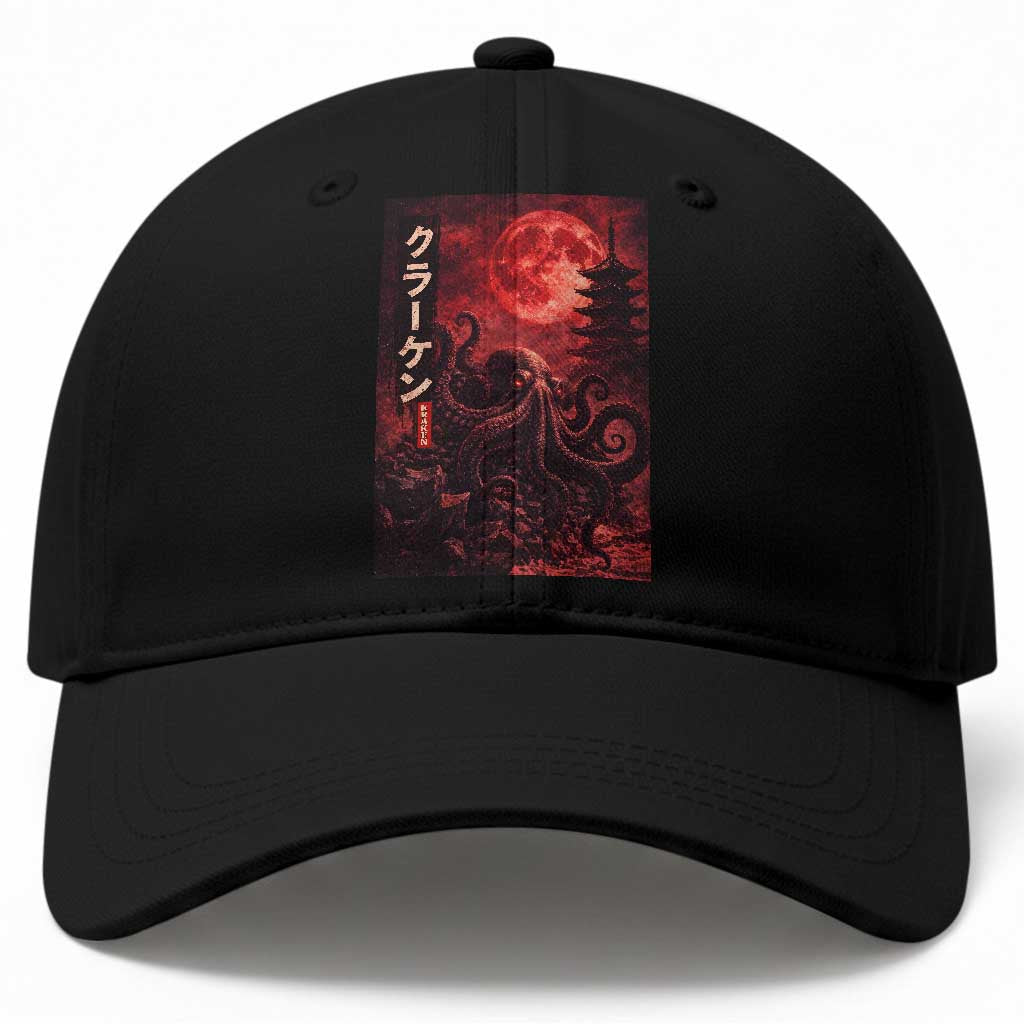 Vintage Sea Monster Baseball Cap Horror Japanese Octopus Mythology Temple Red Moon