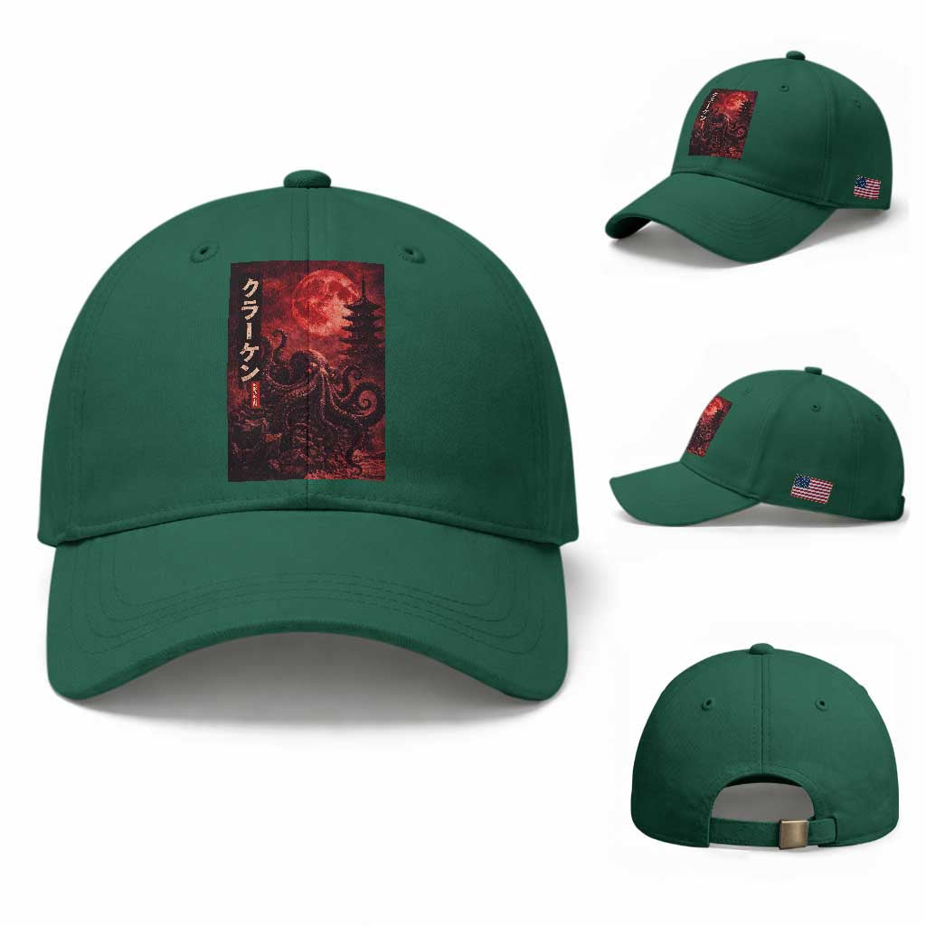 Vintage Sea Monster Baseball Cap Horror Japanese Octopus Mythology Temple Red Moon