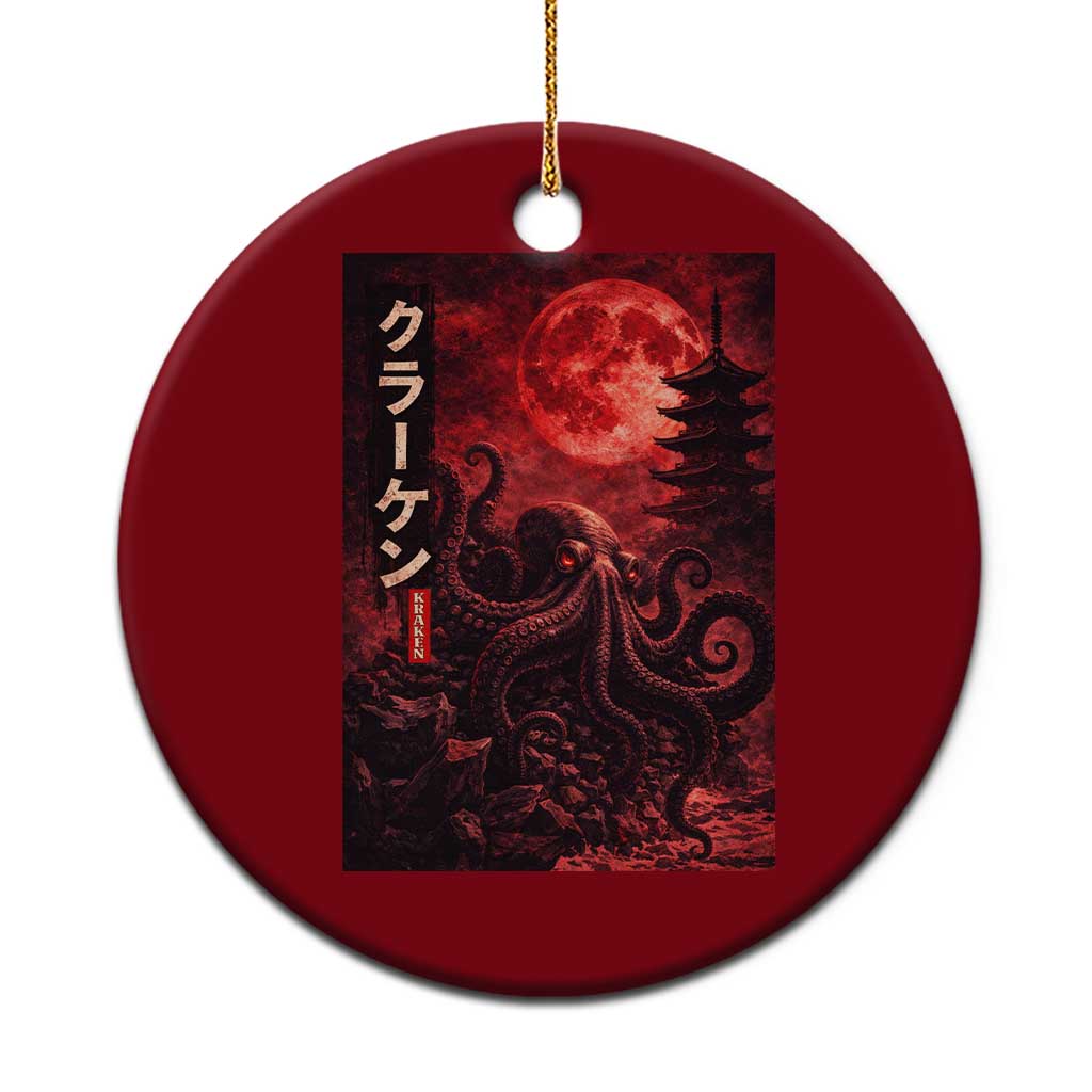 Vintage Sea Monster Ceramic Ornament Horror Japanese Octopus Mythology Temple Red Moon