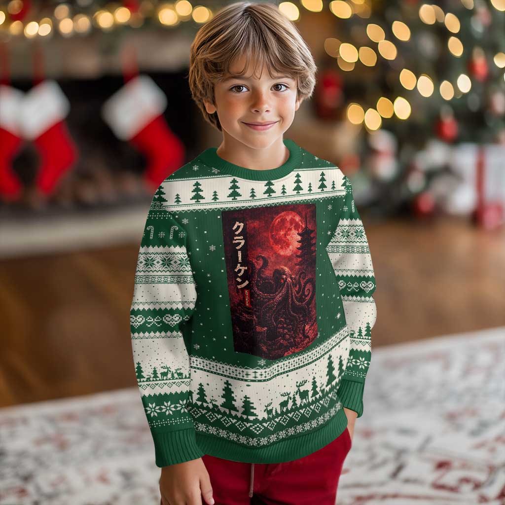 Vintage Sea Monster Ugly Christmas Sweater Horror Japanese Octopus Mythology Temple Red Moon