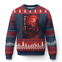 Vintage Sea Monster Ugly Christmas Sweater Horror Japanese Octopus Mythology Temple Red Moon