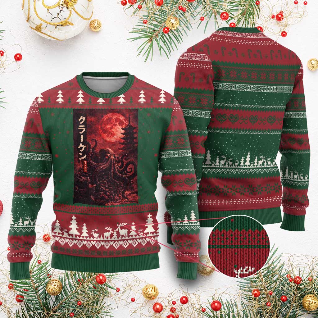 Vintage Sea Monster Ugly Christmas Sweater Horror Japanese Octopus Mythology Temple Red Moon