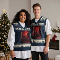 Vintage Sea Monster V-Neck Knit Sweater Vest Horror Japanese Octopus Mythology Temple Red Moon