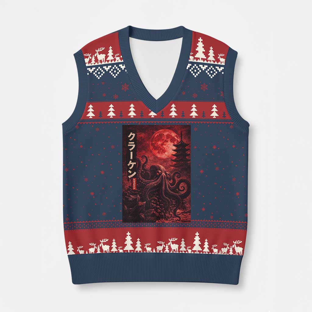 Vintage Sea Monster V-Neck Knit Sweater Vest Horror Japanese Octopus Mythology Temple Red Moon