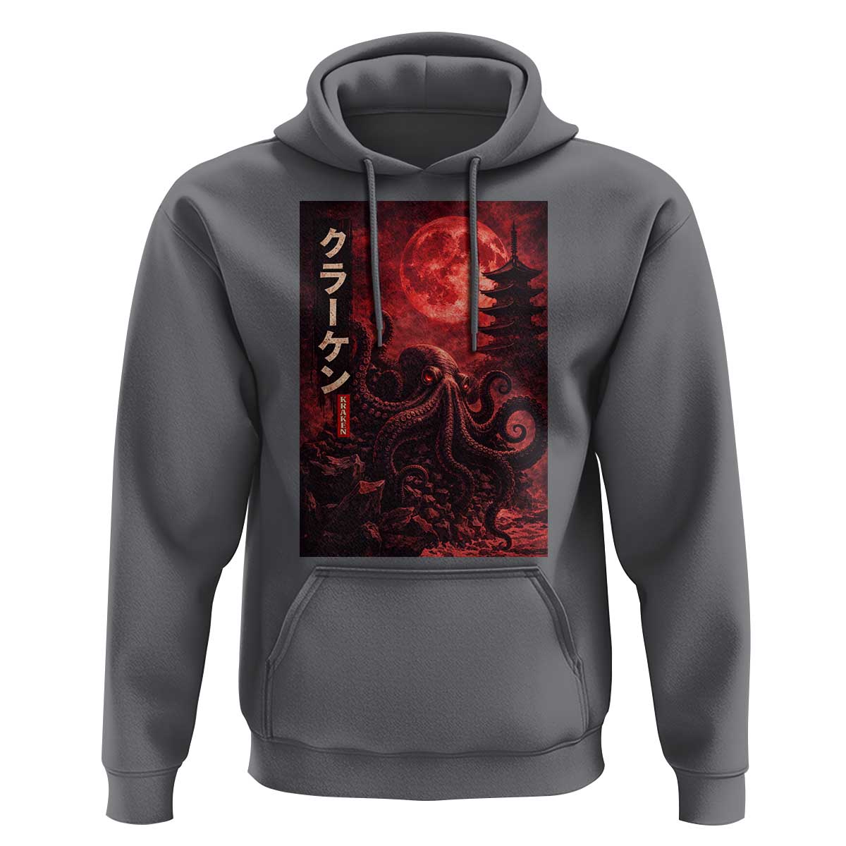 Vintage Sea Monster Hoodie Horror Japanese Octopus Mythology Temple Red Moon